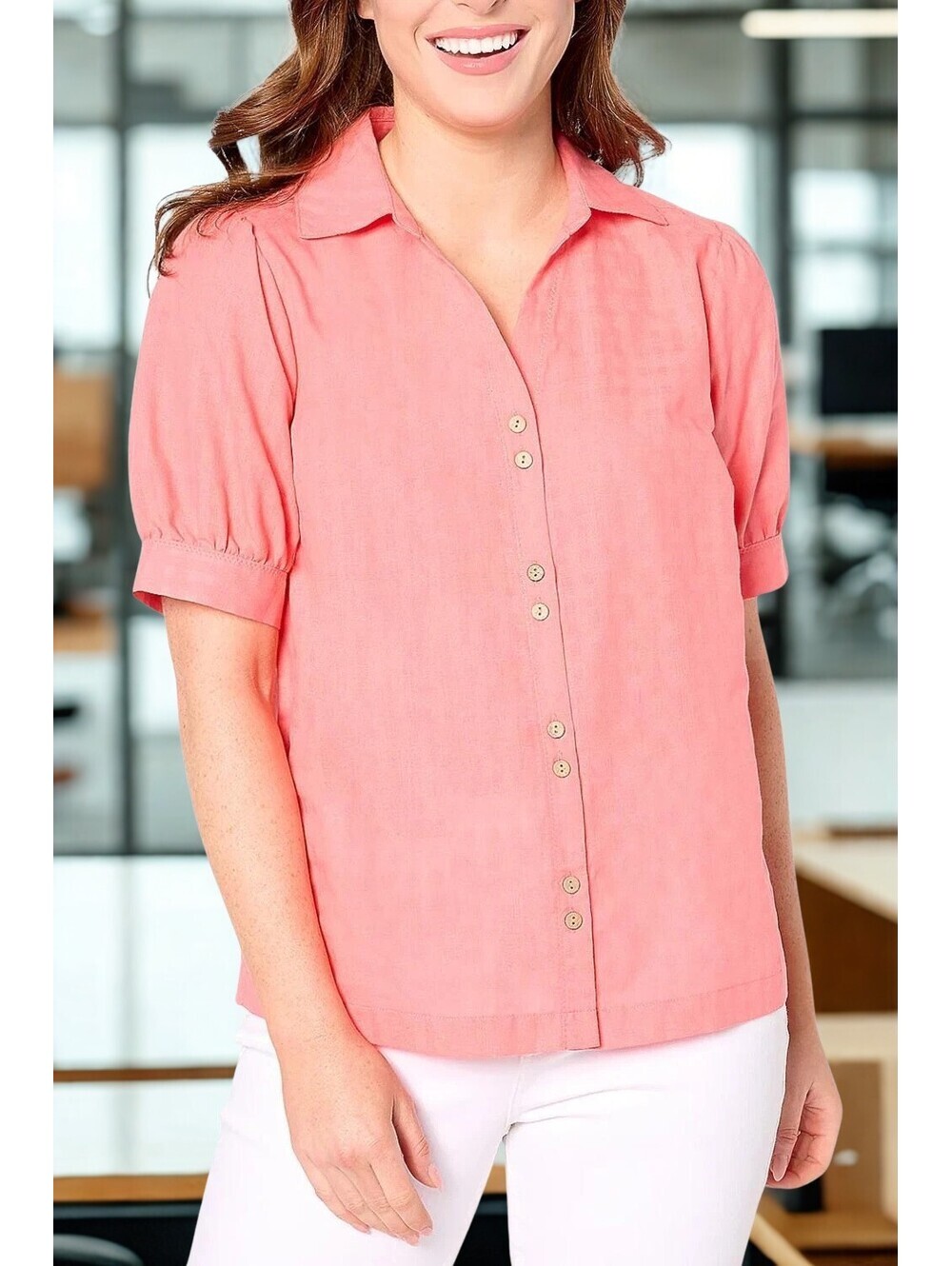 AnyBody Short Puff Sleeve Button Front Woven Shirt CORAL Size XXS